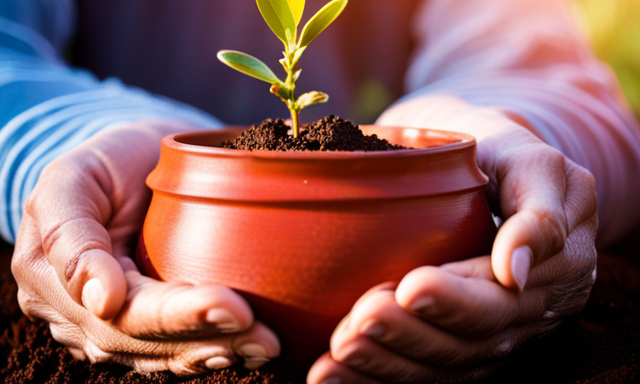An image showcasing a pair of hands gently cradling an earthy terracotta pot, filled with rich, dark soil