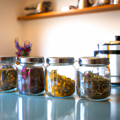 An image showcasing a serene kitchen scene with neatly arranged glass jars filled with vibrant dried herbs, a teapot, and delicate tea infusers, evoking a sense of tranquility and organization for a blog post on prepping and storing herbal tea