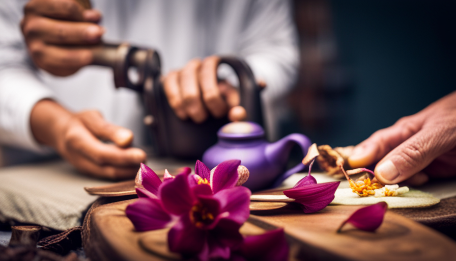 An image showcasing the process of preparing banana flower tea: a pair of hands delicately peeling the layers of the flower, revealing its vibrant purple petals, while a teapot steams in the background