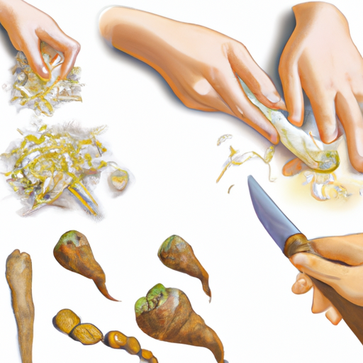 An image capturing the step-by-step process of preparing chicory root for consumption: a pair of hands gently washing the root, meticulously peeling off its outer layer, and finally, slicing it into thin, delicate pieces ready to be cooked