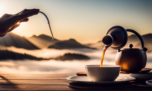 An image showcasing a serene scene with a teapot pouring steaming oolong tea into a delicate cup