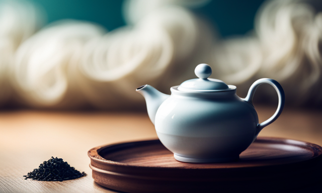 An image capturing the serene ritual of preparing Oolong tea: a delicate porcelain teapot, steaming water cascading over tightly rolled tea leaves, and a timer ticking beside a cup