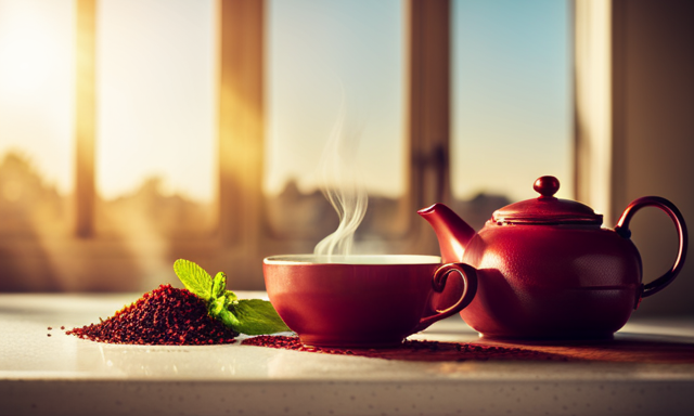 An image showcasing a serene, sunlit kitchen scene with a steaming teapot filled with vibrant red Rooibos tea leaves, perfectly steeped, emitting a delightful aroma, accompanied by a delicate teacup and a sprig of fresh mint