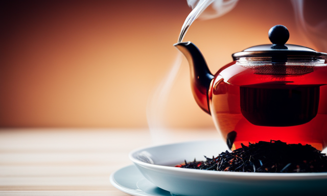 An image showcasing the step-by-step process of preparing Rooibos tea: a vibrant red teapot filled with boiling water, loose Rooibos leaves gently steeping, a timer ticking, and a teacup being poured, releasing aromatic steam