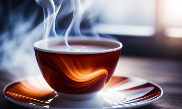 An image showcasing a delicate porcelain teacup filled with steaming rooibos tea, adorned with a swirl of melted white chocolate