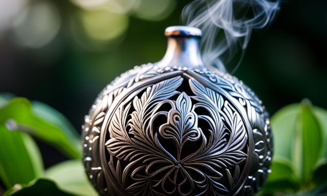 the essence of the Yerba Mate ritual in an image: A hand-carved wooden gourd nestled between the palms, adorned with intricate silver detailing, brimming with vibrant green Yerba leaves, as steam rises from a traditional silver bombilla