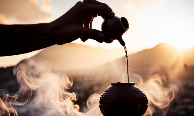 An image showcasing the precise steps of preparing traditional yerba mate: a gourd filled with yerba, a bombilla straw positioned inside, hot water being poured, and the steam rising, capturing the essence of this invigorating ritual