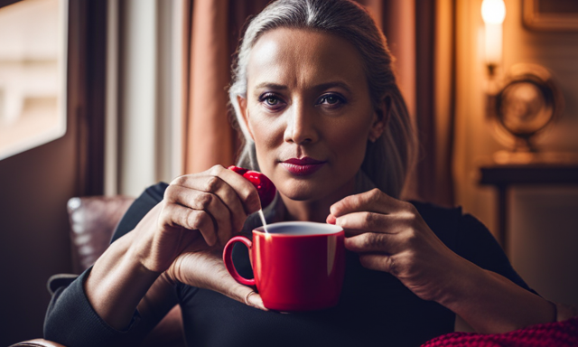 An image that showcases a person holding a steaming cup of vibrant red tea, delicately sipping it with a serene expression