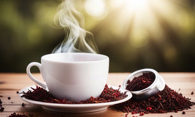 An image showcasing a close-up of a teacup filled with dark red Rooibos tea, with steam gently rising from it