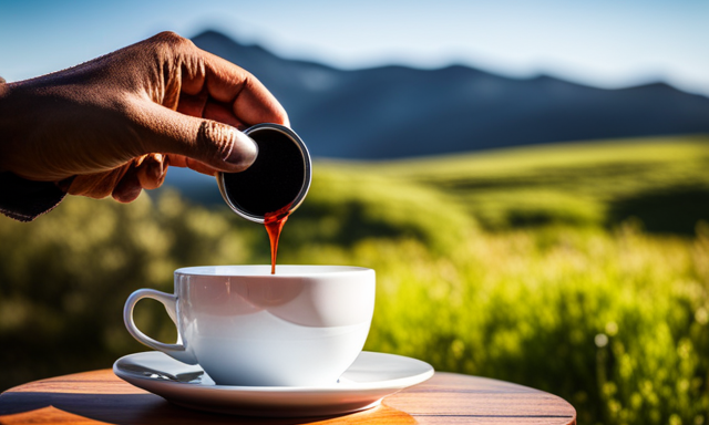 An image showing a close-up of a hand delicately holding a steaming cup of Rooibos tea, the rich reddish-brown hue contrasting with the vibrant green background of the South African landscape