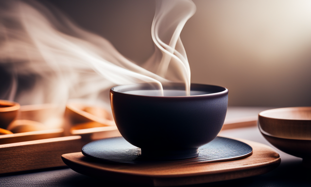 An image of a serene tea ceremony, showcasing a graceful hand pouring a steaming cup of rich amber Wuyi Oolong Tea
