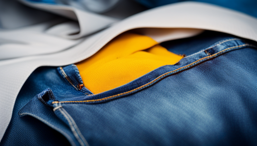 An image showing a pair of denim jeans with a vibrant yellow turmeric stain on the front pocket