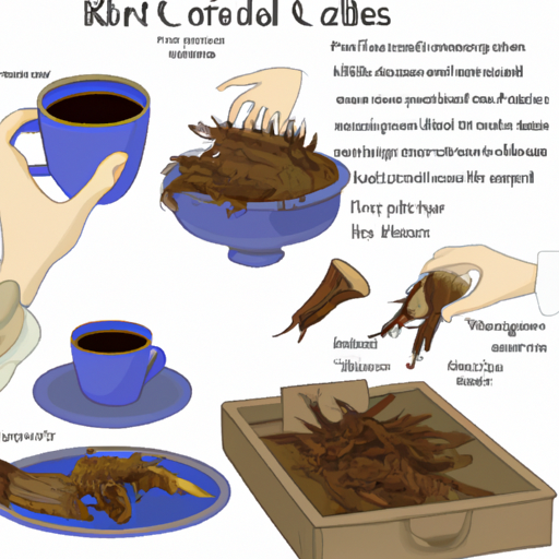 An image showcasing the step-by-step process of roasting chicory root: a hand holding a rustic ceramic bowl filled with sliced chicory roots, a roasting tray with golden roots, and a fragrant cup of freshly brewed chicory coffee