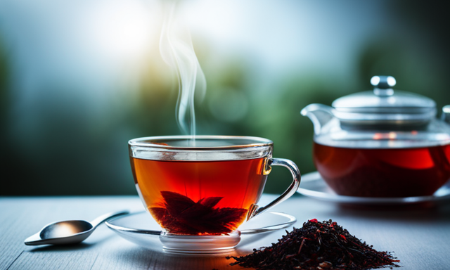 An image showcasing a serene scene with a warm, inviting cup of freshly brewed rooibos tea