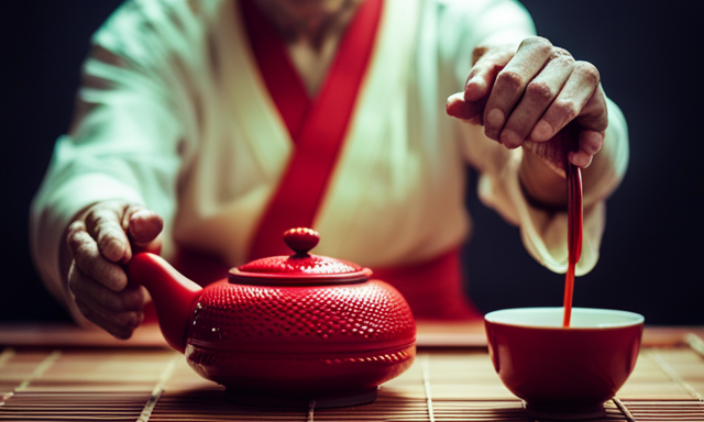 An image showcasing a Japanese tea ceremony with a traditional tea set, where a host gracefully pours vibrant red tea into delicate cups, illustrating the process of saying "Rooibos" in Japanese