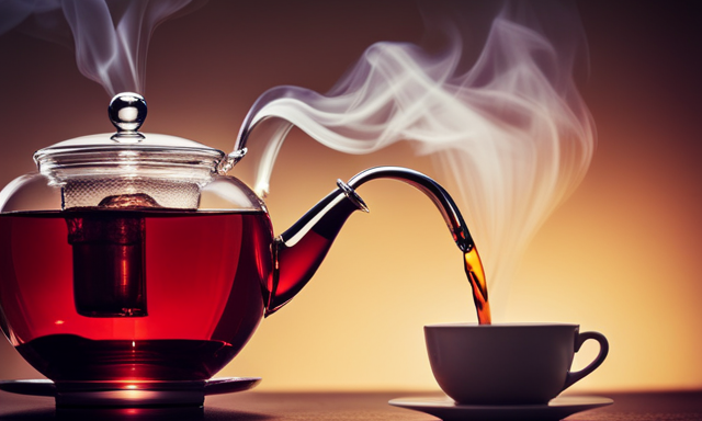 An image showcasing a close-up of a teapot pouring a deep red liquid into a delicate cup