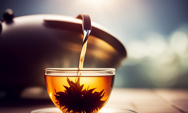 An image showcasing a delicate porcelain teapot pouring steaming Oolong tea into a transparent glass cup