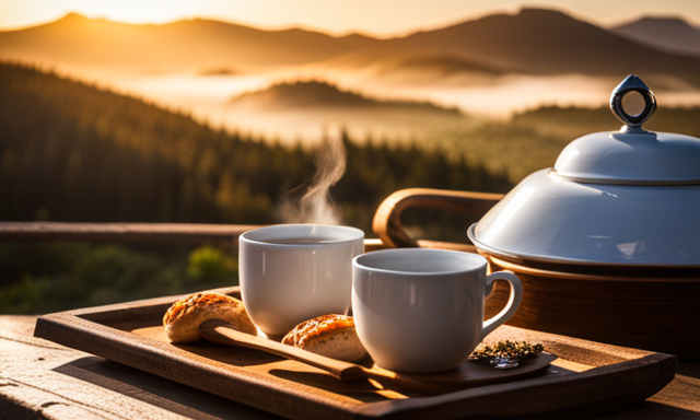 An image of a serene morning scene: A rustic wooden tray adorned with delicate white porcelain teacups filled with rich, amber-hued rooibos tea milk, gently steaming, accompanied by a golden honey jar and freshly baked scones