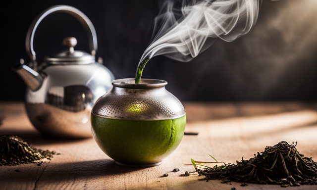 An image capturing the ritual of serving yerba mate: a traditional gourd filled with vibrant green leaves, a silver bombilla delicately placed, wisps of steam rising, and a hand pouring hot water from a kettle