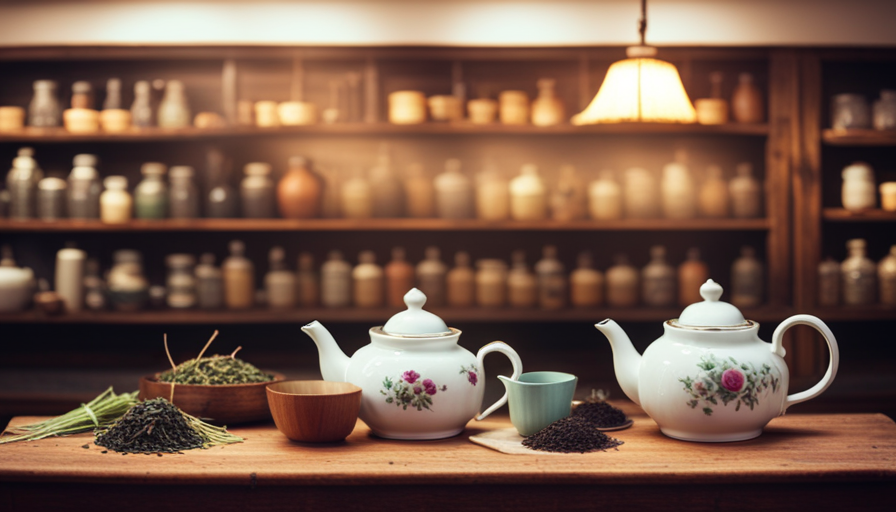 An image showcasing a cozy, rustic tea shop with shelves adorned with colorful jars of dried herbs, a vintage teapot pouring fragrant herbal tea into delicate cups, and a friendly server offering samples to customers