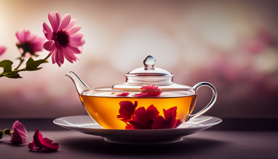 An image that showcases a graceful porcelain teapot with vibrant flower petals delicately floating in a crystal-clear glass teacup