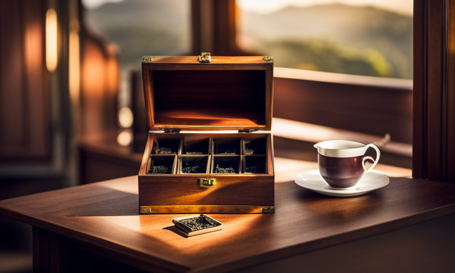 An image featuring a wooden tea chest with brass hinges and a delicate porcelain tea set