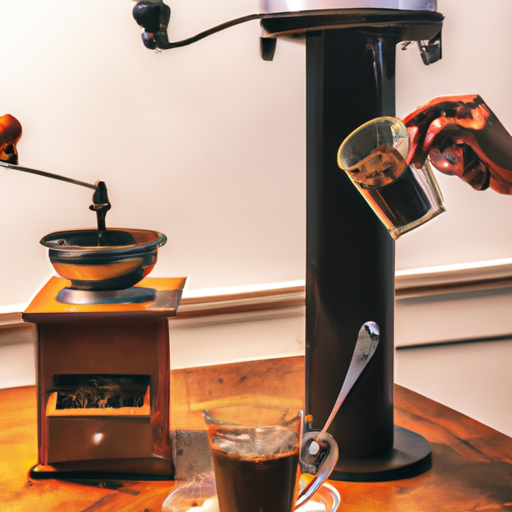 An image showcasing the process of brewing chicory root coffee in a stylish kitchen: a vintage coffee grinder crushing roasted chicory beans, steam rising from a French press, and a cup filled with dark, aromatic liquid