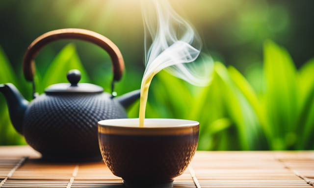 An image showcasing a serene tea ceremony: a delicate porcelain teapot pouring steaming golden Oolong tea into a dainty cup, set against a backdrop of fresh green tea leaves and a scale