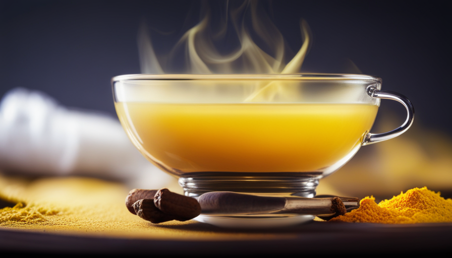 An image showcasing a steaming cup of vibrant yellow turmeric tea being poured into a delicate, transparent teacup