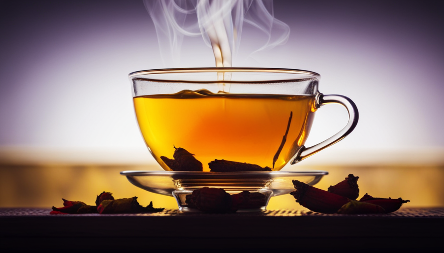 An image showcasing a steaming cup of vibrant yellow turmeric tea being poured into a delicate, transparent teacup