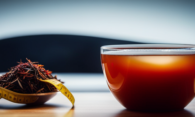 An image showcasing a serene morning scene with a cup of vibrant red Rooibos tea, surrounded by a variety of nutrient-rich fruits and a measuring tape subtly capturing the idea of weight loss