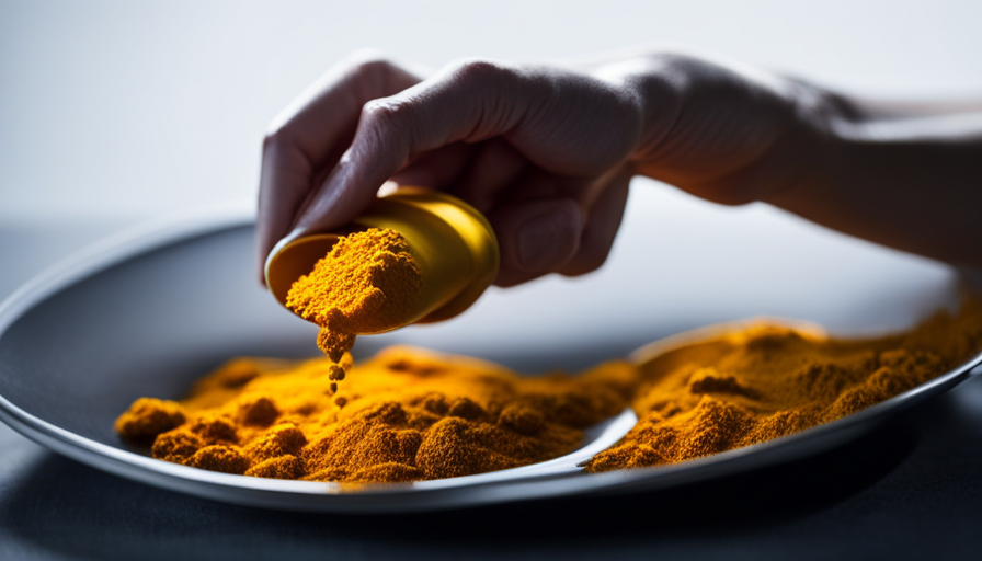 An image showcasing a hand holding a vibrant yellow turmeric root, while a small bowl contains a mixture of turmeric powder and water