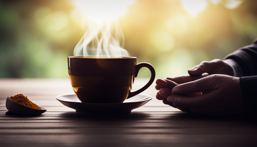 An image depicting a warm cup of golden turmeric tea, gently steaming, surrounded by a serene atmosphere
