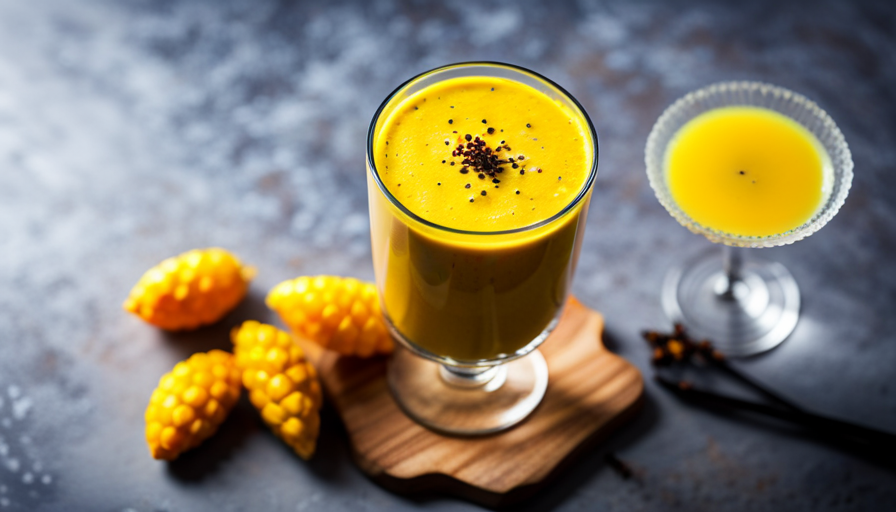 An image showcasing a vibrant yellow turmeric smoothie in a clear glass, garnished with a sprinkle of black pepper and a slice of fresh lemon on the rim