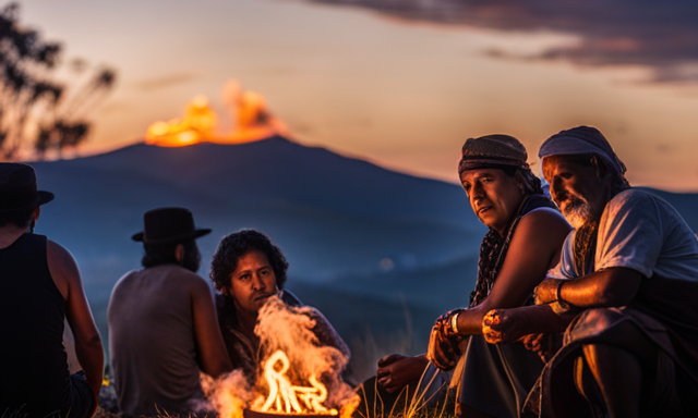 An image capturing the essence of old-time Yerba Mate consumption: a group of indigenous people sitting around a fire, passing a hollowed-out gourd filled with the herbal infusion, while wisps of smoke curl into the night sky