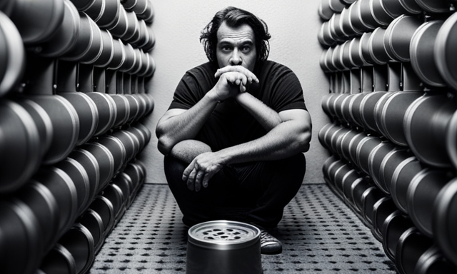 An image of a person sitting on a toilet, surrounded by empty yerba mate cans, with a worried expression on their face as they clutch their stomach, emphasizing the discomfort caused by excessive bowel movements