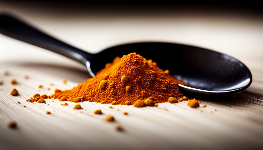 An image featuring a vibrant, golden teaspoon filled to the brim with finely ground turmeric powder, delicately placed next to a teaspoon handle, inviting readers to explore the benefits and dosage of this ancient spice