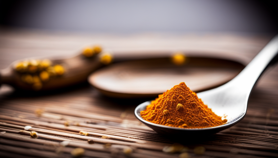 An image featuring a vibrant, golden teaspoon filled to the brim with finely ground turmeric powder, delicately placed next to a teaspoon handle, inviting readers to explore the benefits and dosage of this ancient spice