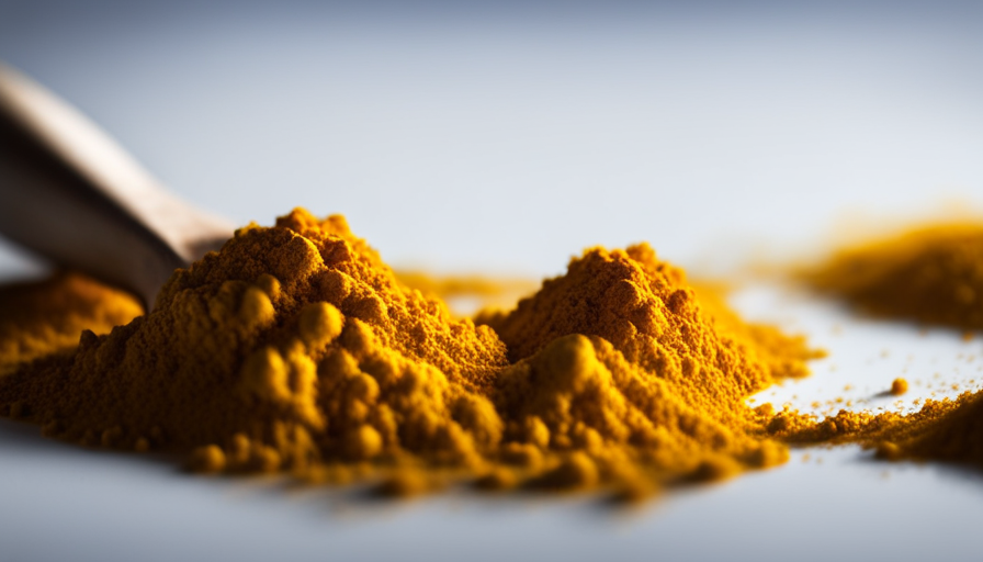 An image showcasing a close-up shot of a tablespoon filled with bright yellow turmeric powder, as it spills onto a white surface, capturing the intensity and potential abundance of this daily dose