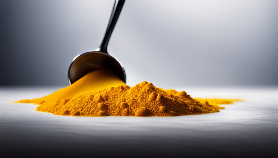 An image showcasing a close-up shot of a tablespoon filled with bright yellow turmeric powder, as it spills onto a white surface, capturing the intensity and potential abundance of this daily dose