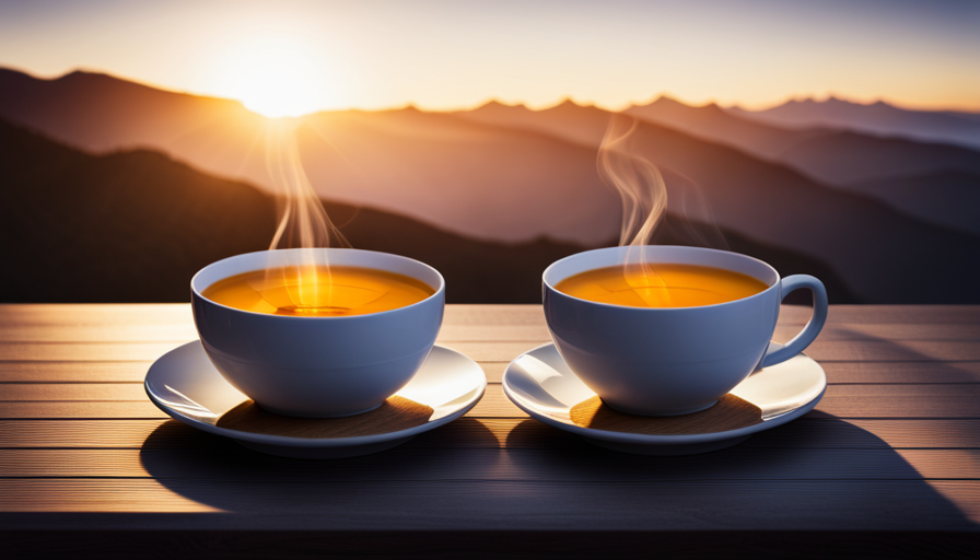 An image showcasing a steaming cup of ginger turmeric tea, rich golden in color