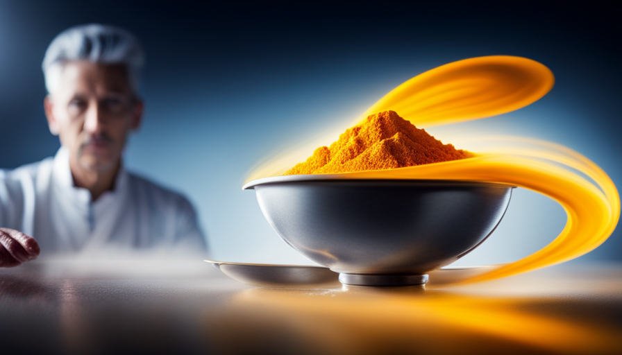 An image capturing a vibrant golden-yellow milk simmering in a pot, with the aromatic steam gently rising, as freshly ground turmeric powder is being swirled into the mixture, eliciting a warm and comforting ambiance