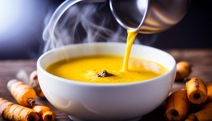 An image showcasing a vibrant yellow turmeric latte being poured into a cup, steam rising, with fresh turmeric roots and a mortar and pestle in the background, evoking a sense of health and wellness