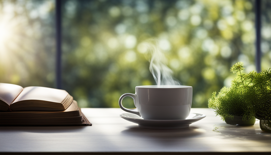 An image featuring a serene, sunlit kitchen with a steaming cup of fennel tea placed beside a stack of botanical books, implying the topic of discussion – the safety of drinking fennel tea daily