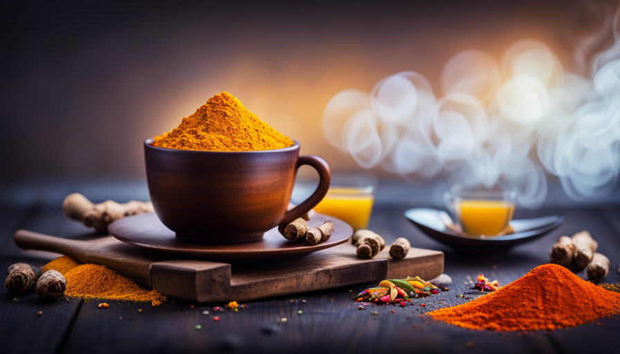 An image capturing a serene moment: an elegant teacup filled with steaming turmeric and ginger tea, surrounded by fresh ingredients and vibrant spices, all arranged on a rustic wooden tray