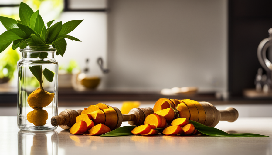 An image showcasing a serene, sunlit kitchen counter with a glass jar filled with vibrant golden turmeric and aromatic ginger roots