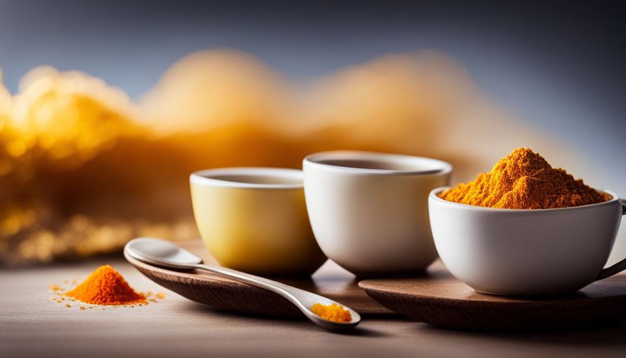 An image that showcases a steaming cup of golden turmeric tea, with vibrant orange hues swirling within