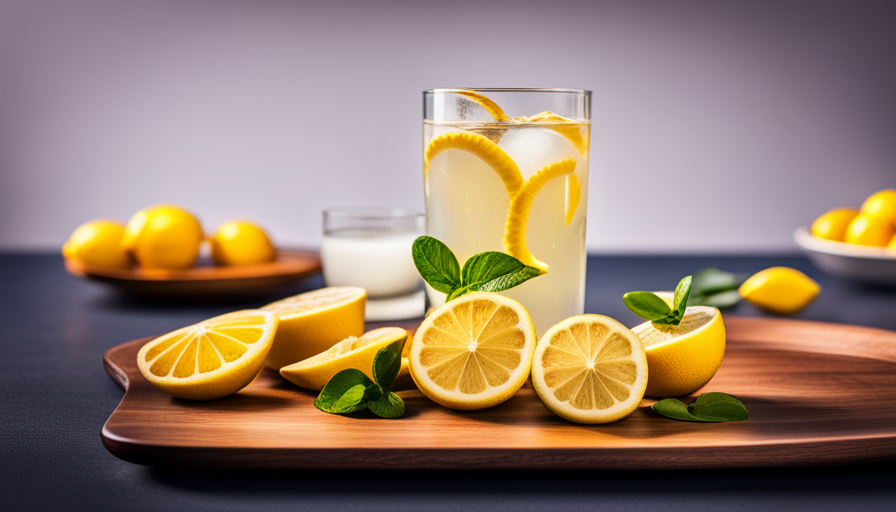 An image showcasing a refreshing glass of lemon water alongside a platter of vibrant, freshly sliced lemons
