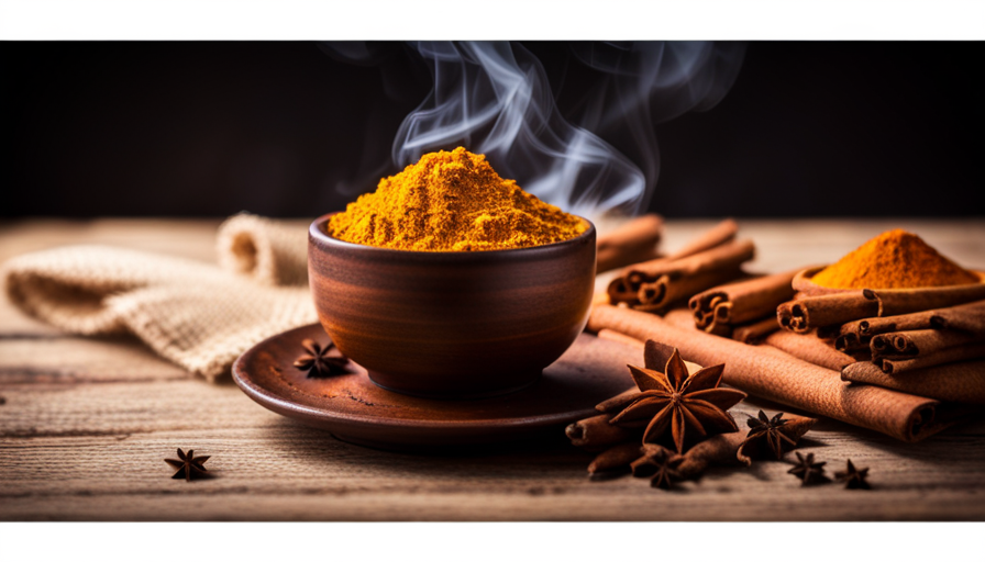 An image of a warm, steaming cup of turmeric and cinnamon tea, surrounded by vibrant yellow and brown spices