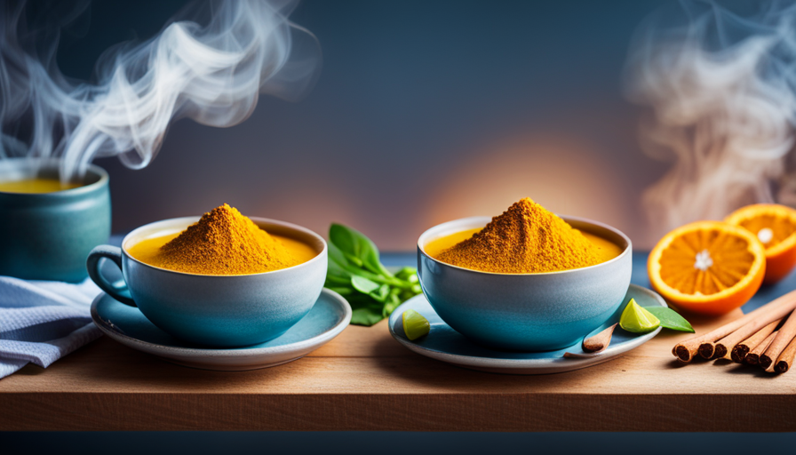 An image showcasing a steaming cup of turmeric and ginger tea, surrounded by vibrant yellow and orange spices